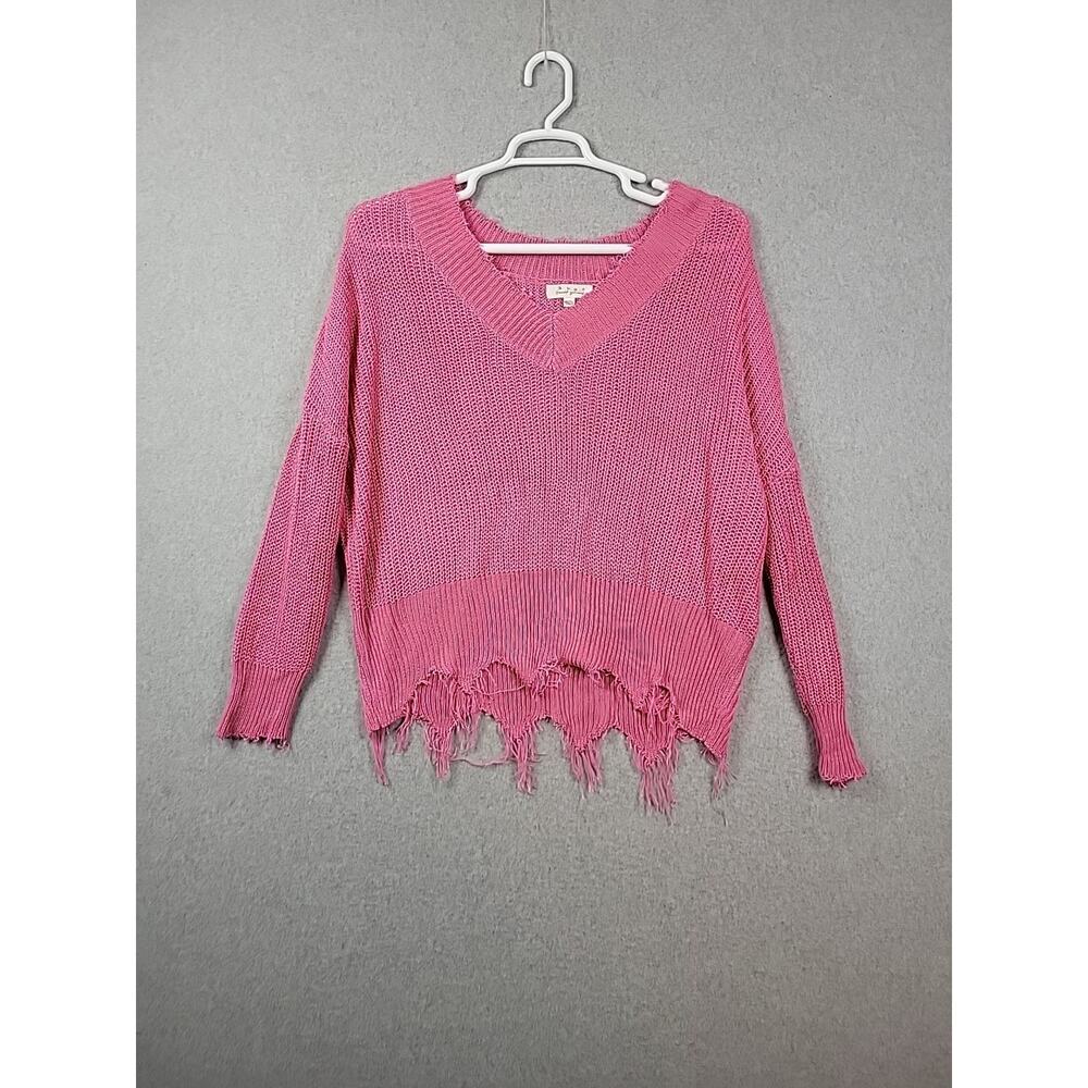 Sweet Generis Pink Long Sleeve V Neck Distressed Sweater Women's Plus 1X 2X